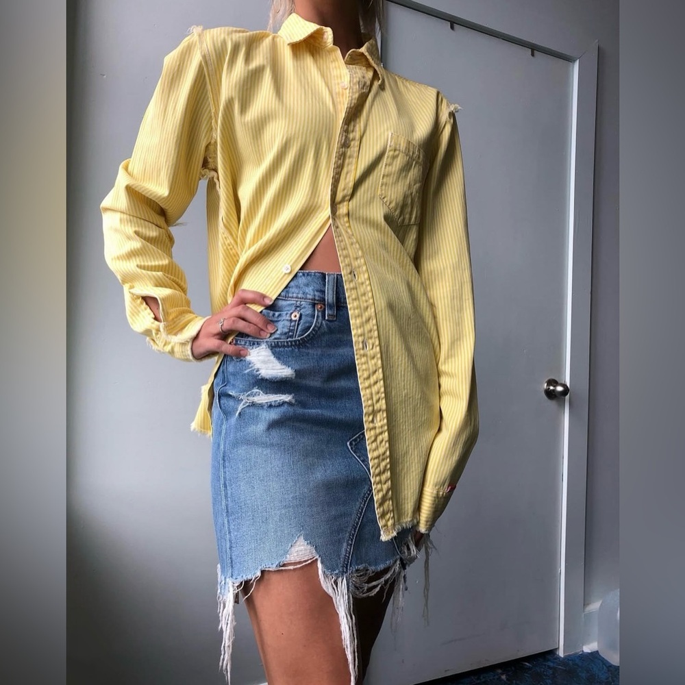 Denimist Frayed Edge Button-Down Shirt Yellow Stripe (M)